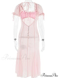 Pink Puff Sleeve Backless Graceful Crystal Button Mesh Midi Dress