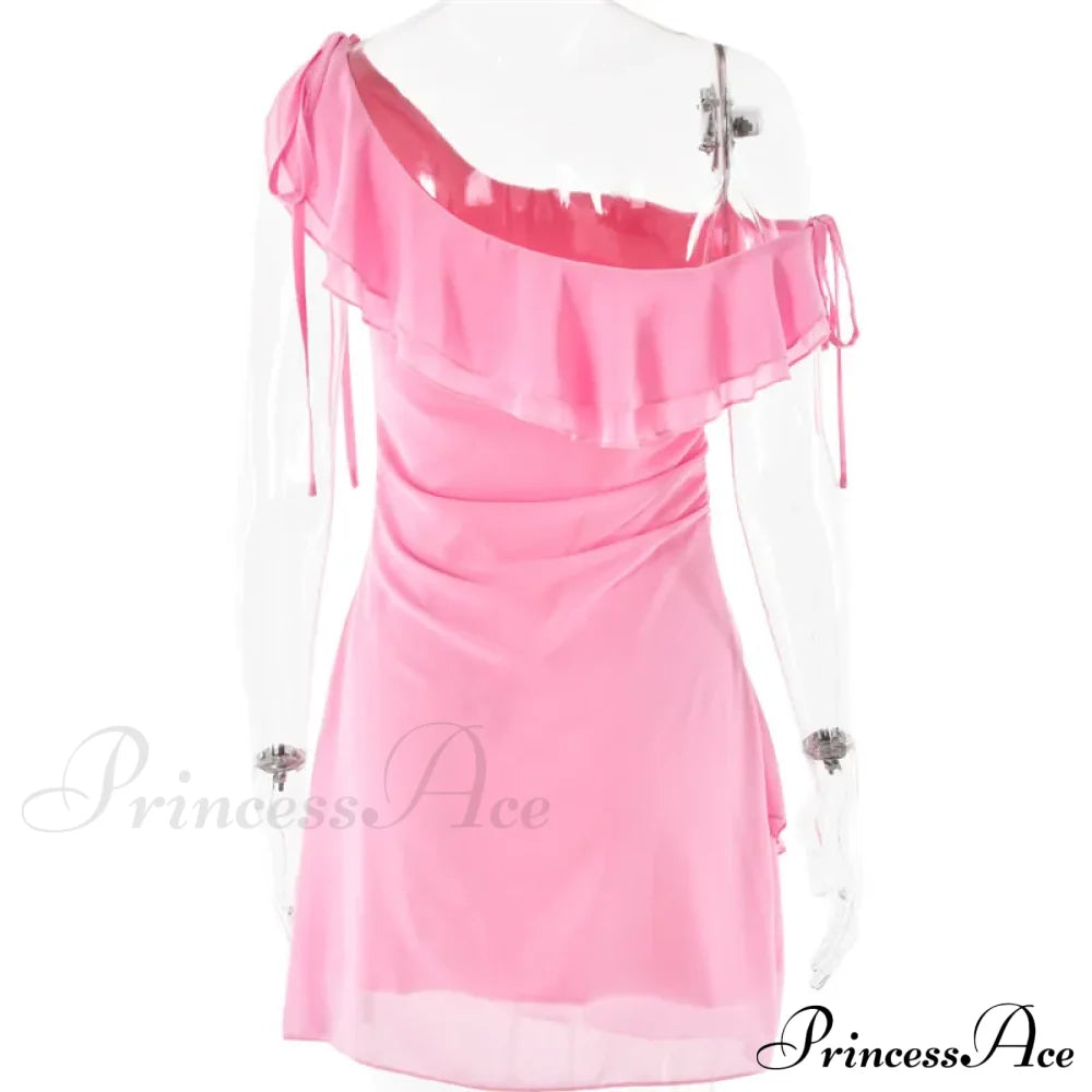 Pink Ruffled Stylish Shoulder Mini Dress