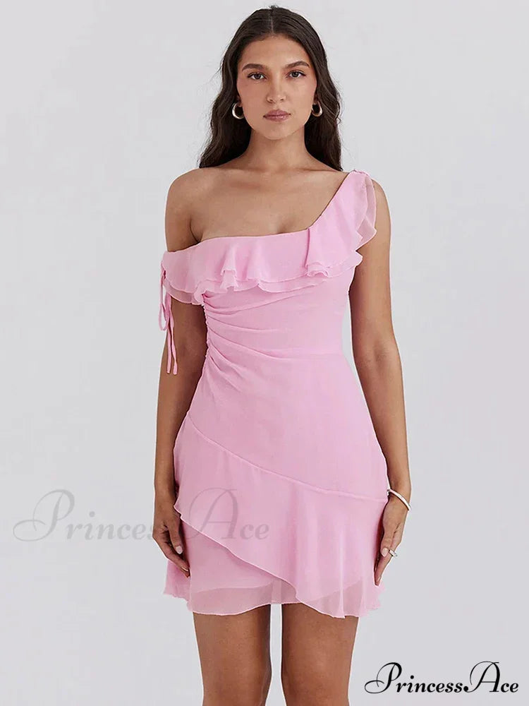 Pink Ruffled Stylish Shoulder Mini Dress