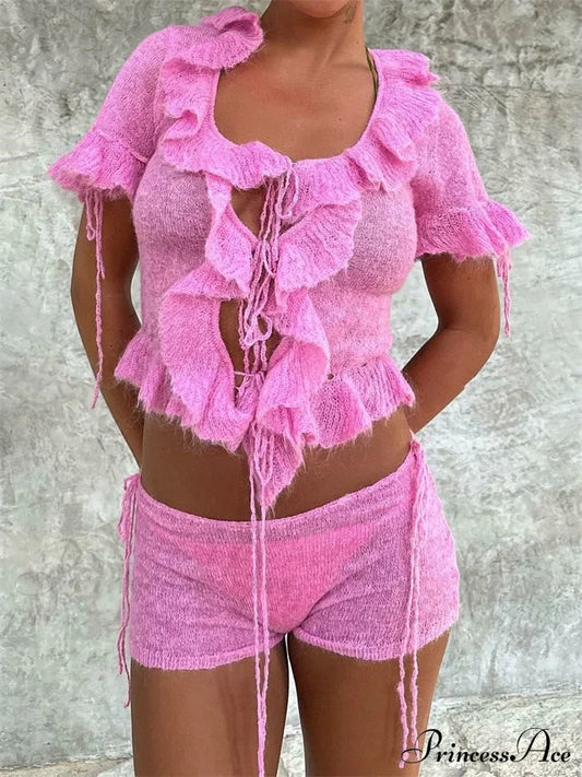 Pink Ruffles Sheer Charming Top And Shorts Set