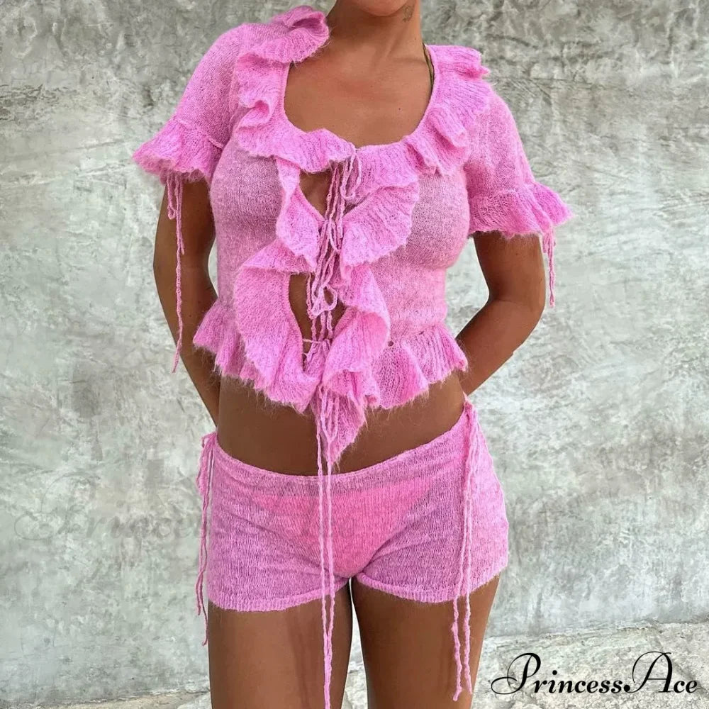 Pink Ruffles Sheer Charming Top And Shorts Set