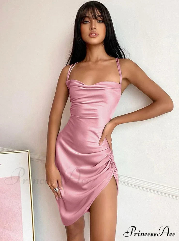 Pink Satin Bodycon Sling Slit Dress for Women