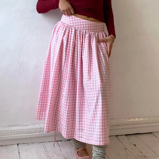 Plaid Drawstring Maxi Skirt