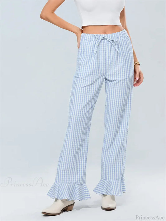 Plaid Flared Drawstring High Waist Casual Pant
