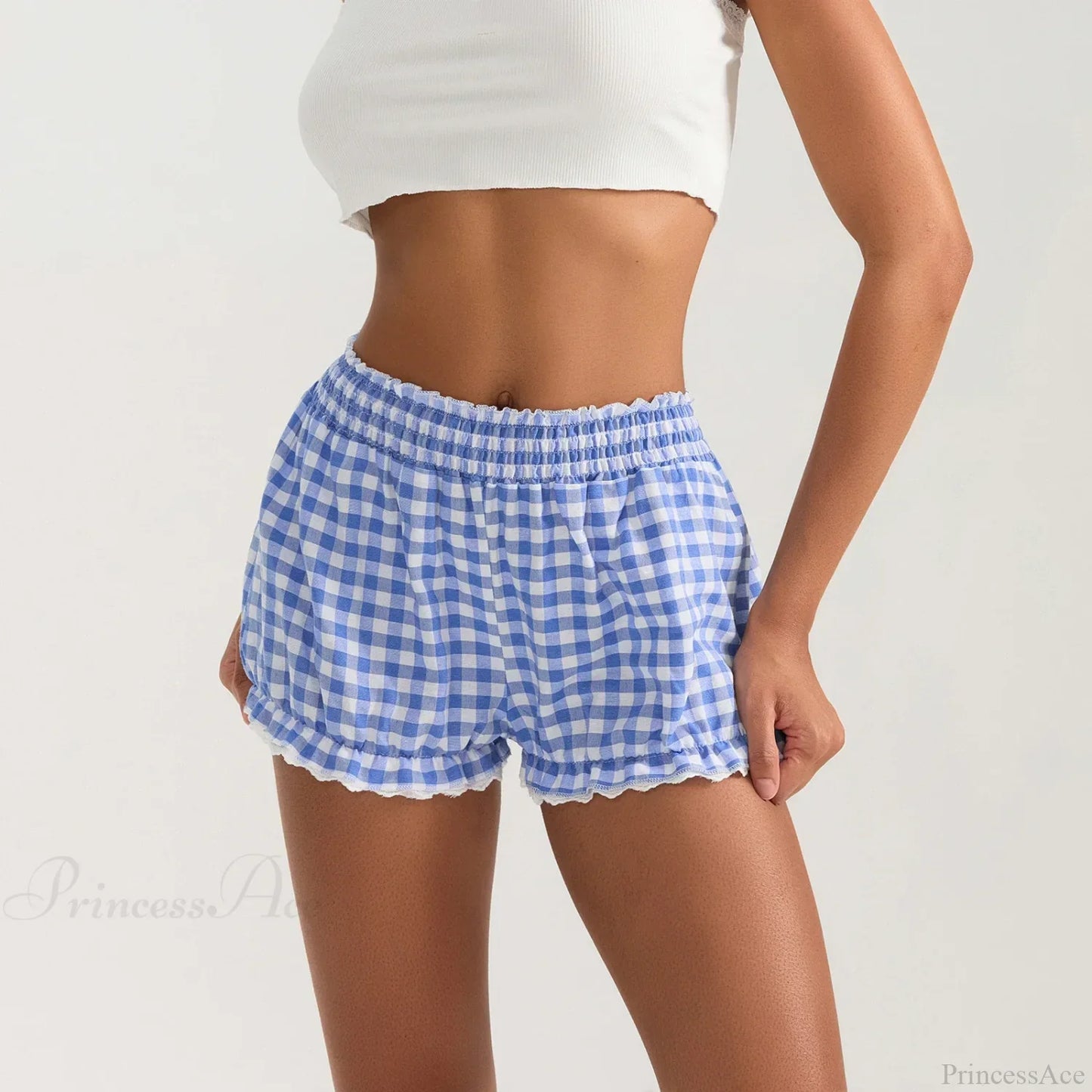 Plaid Lace Trim Elastic Waist Short