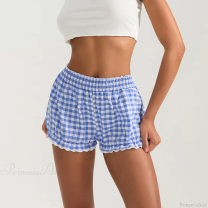 Plaid Lace Trim Elastic Waist Short