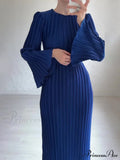 Pleated Ruffle Crew Neck Long Sleeve Casual Dress