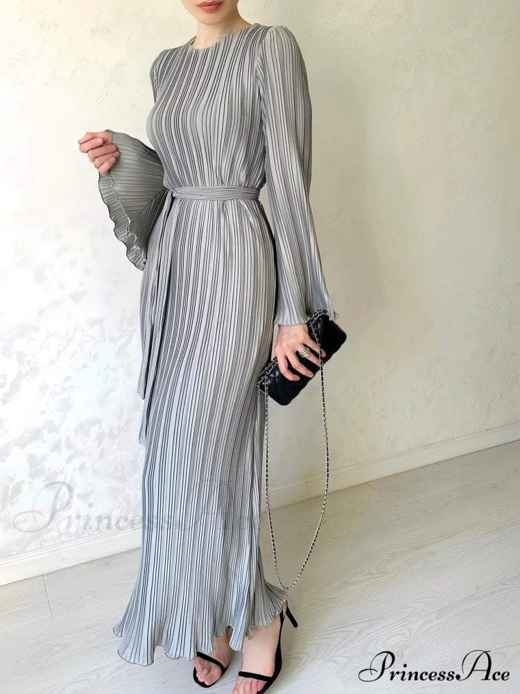 Pleated Ruffle Crew Neck Long Sleeve Casual Dress