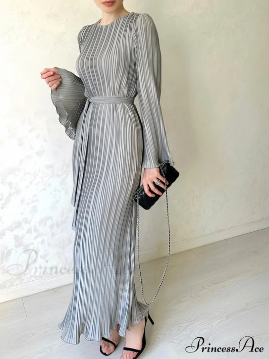Pleated Ruffle Crew Neck Long Sleeve Casual Dress