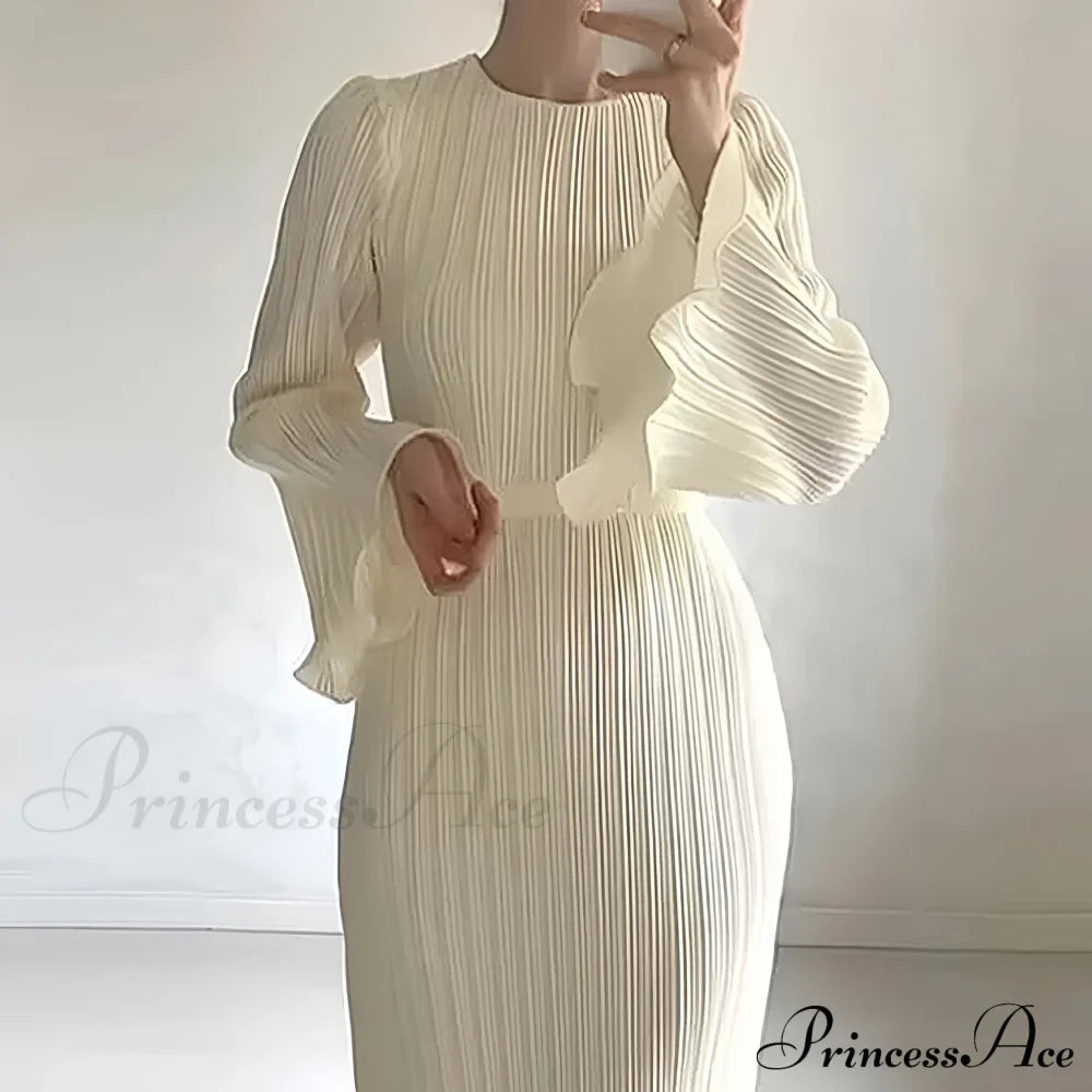 Pleated Ruffle Crew Neck Long Sleeve Casual Dress