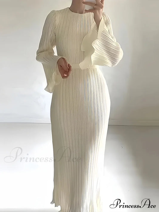 Pleated Ruffle Crew Neck Long Sleeve Casual Dress