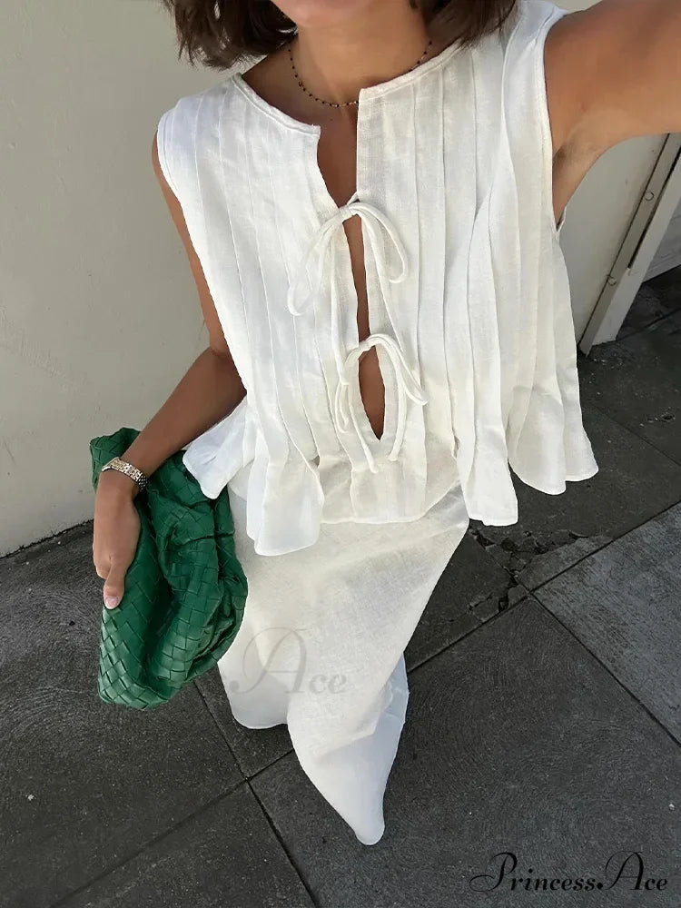 Pleated Tie Up Sleeveless Graceful Top And Midi Skirt Set
