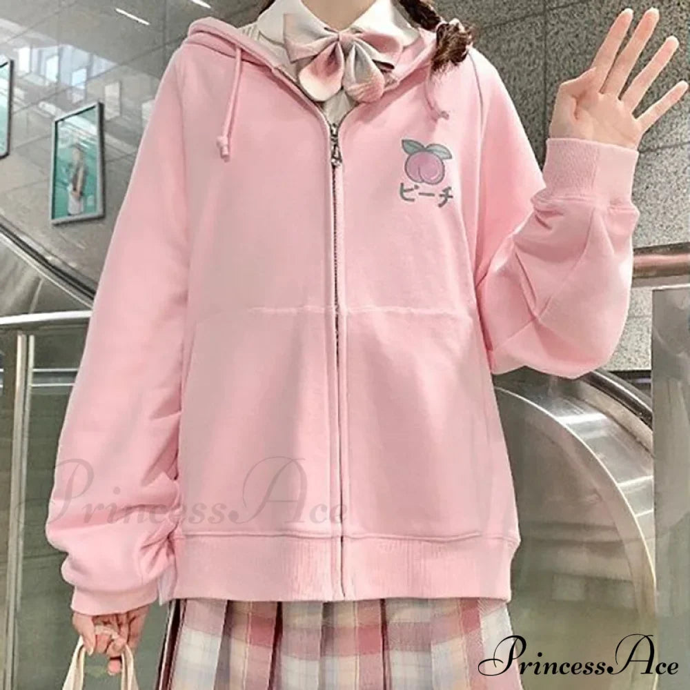 Plus Hoodie Design Women Fruit Sweatshirt Harajuku Loose Thin Zipper Sweet Pink Pocket Cute Size Spring Clothes