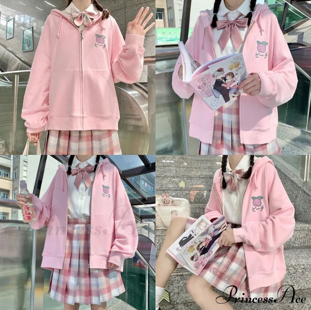 Plus Hoodie Design Women Fruit Sweatshirt Harajuku Loose Thin Zipper Sweet Pink Pocket Cute Size Spring Clothes