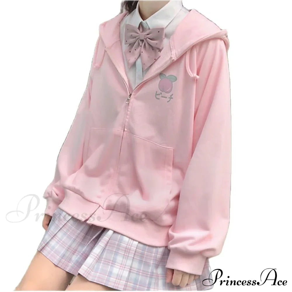 Plus Hoodie Design Women Fruit Sweatshirt Harajuku Loose Thin Zipper Sweet Pink Pocket Cute Size Spring Clothes