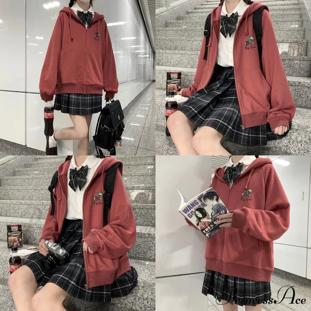 Plus Hoodie Design Women Fruit Sweatshirt Harajuku Loose Thin Zipper Sweet Pink Pocket Cute Size Spring Clothes