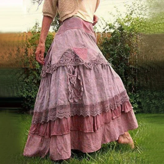Plus Size Women's Summer Vintage Ruffles Oversized Lace Maxi Skirts