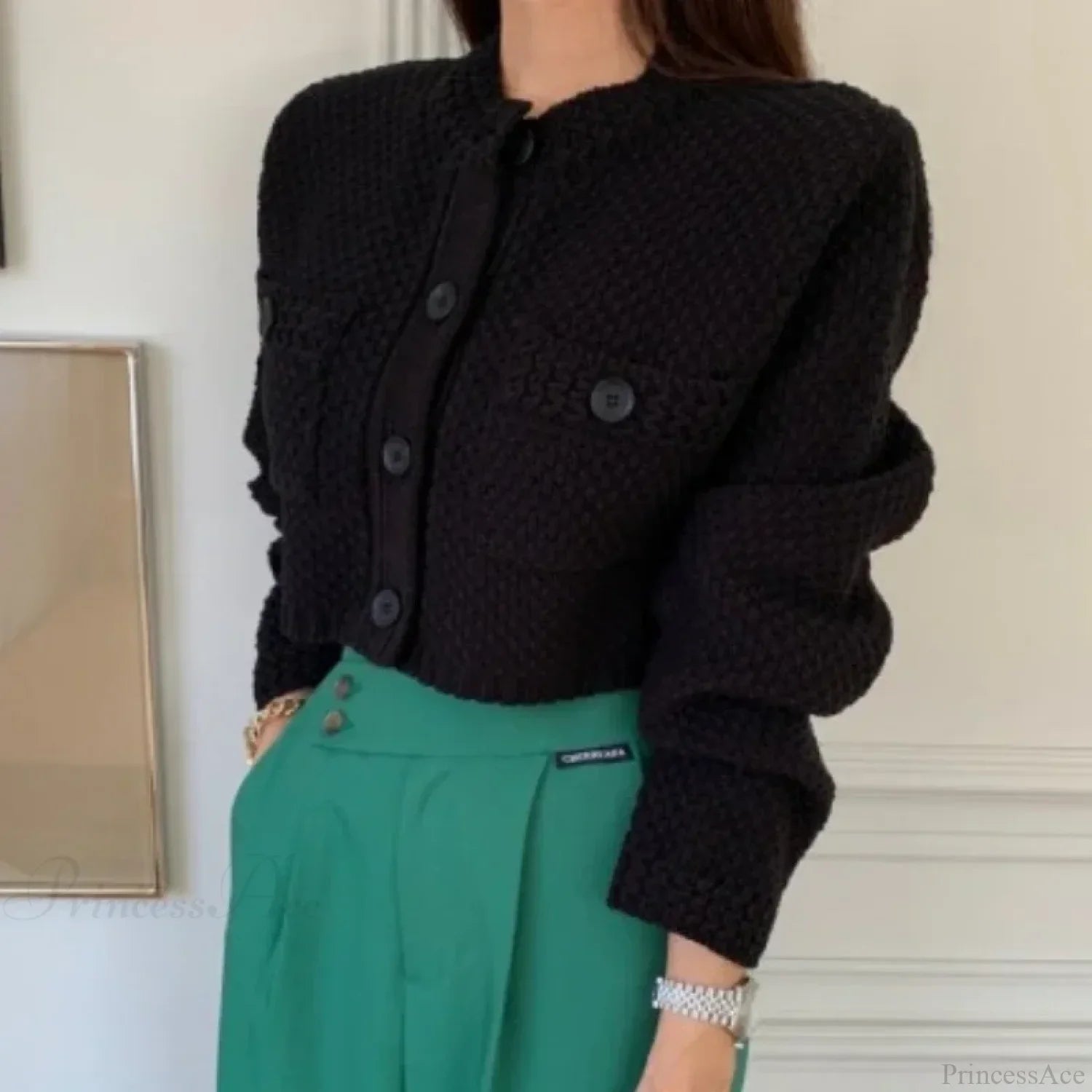 Pocket Cropped Solid O-Neck Knit Cardigan