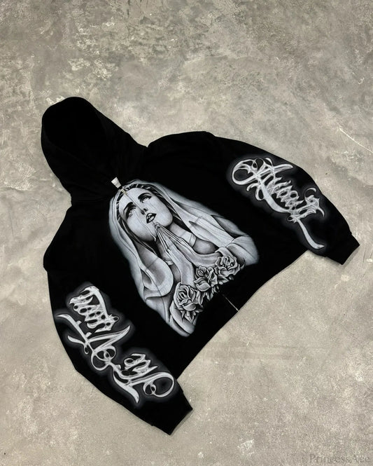Prayer Portrait Black Zipper Hoodie