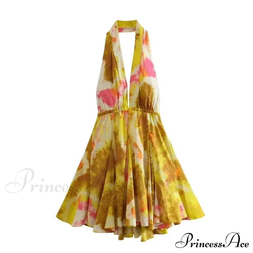 Print Halter Open Back Graceful Sleeveless V Neck Mini Dress