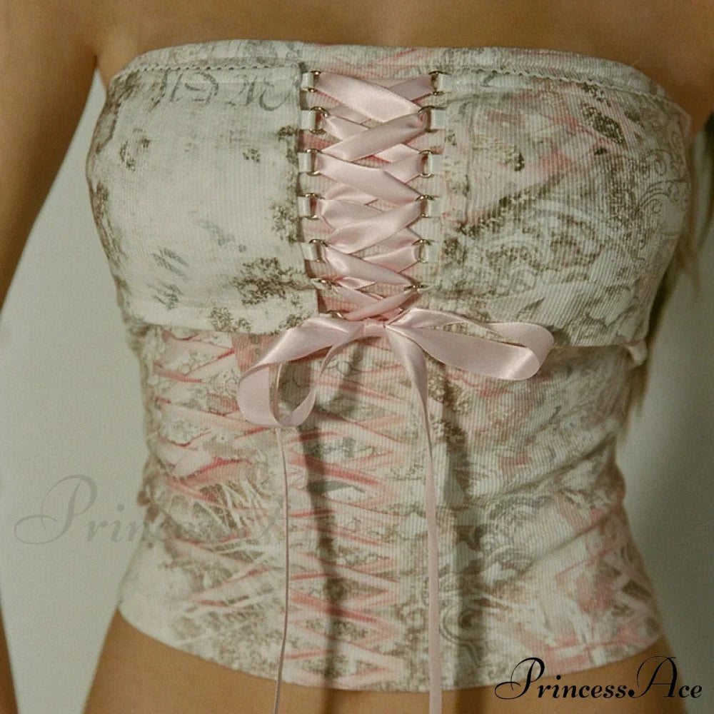Printed Corset Pink Charming Ribbon Tie-Up Tube Top