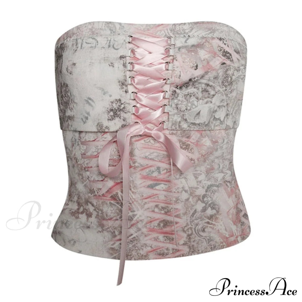 Printed Corset Pink Charming Ribbon Tie-Up Tube Top