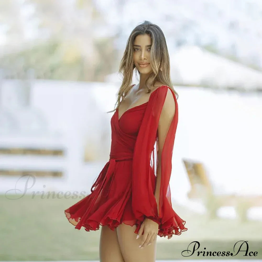 Printed Long Slit Charming Sleeve Mini Dress