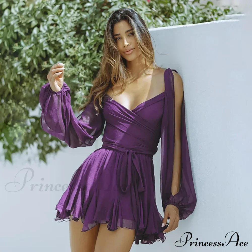 Printed Long Slit Charming Sleeve Mini Dress