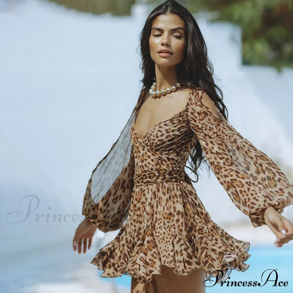 Printed Long Slit Charming Sleeve Mini Dress