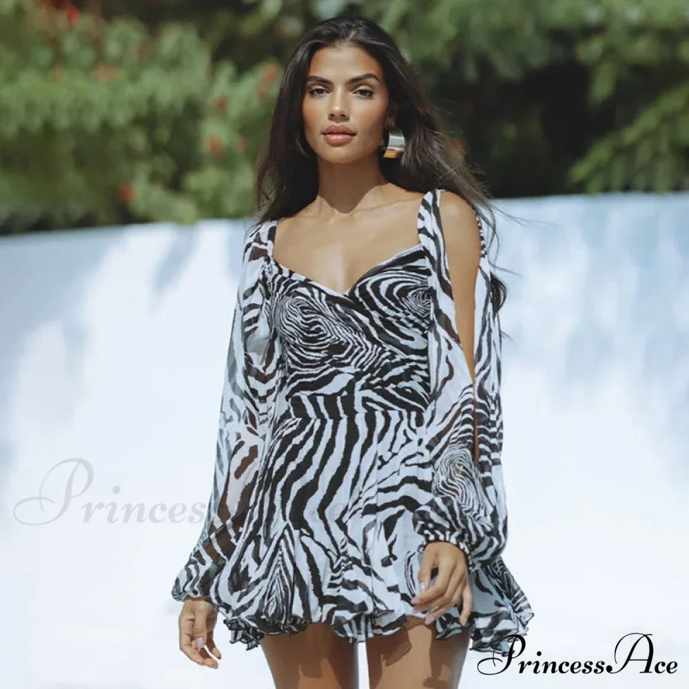 Printed Long Slit Charming Sleeve Mini Dress