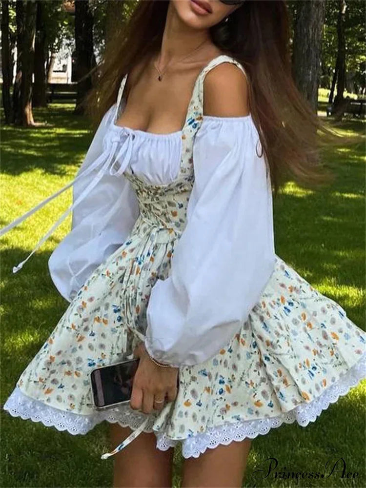 Printed Off-shoulder Lantern Charming Sleeve Flare Mini Dress
