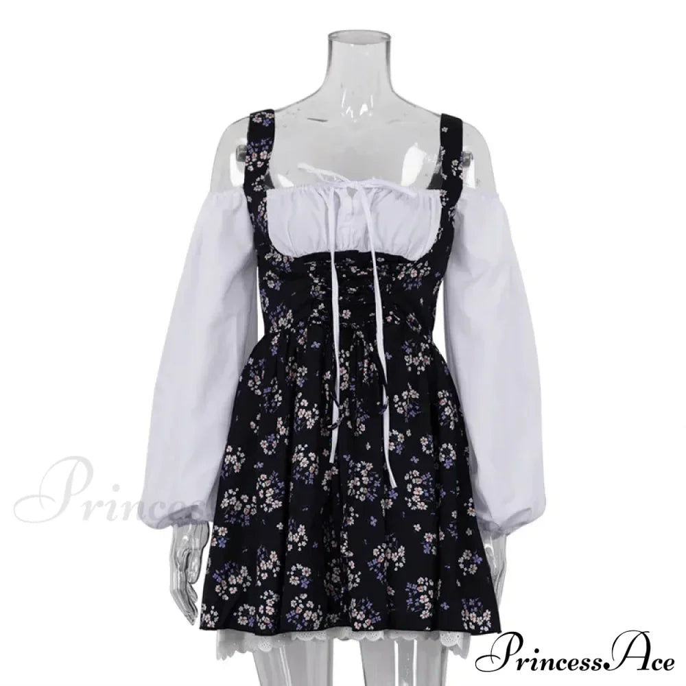 Printed Off-shoulder Lantern Charming Sleeve Flare Mini Dress