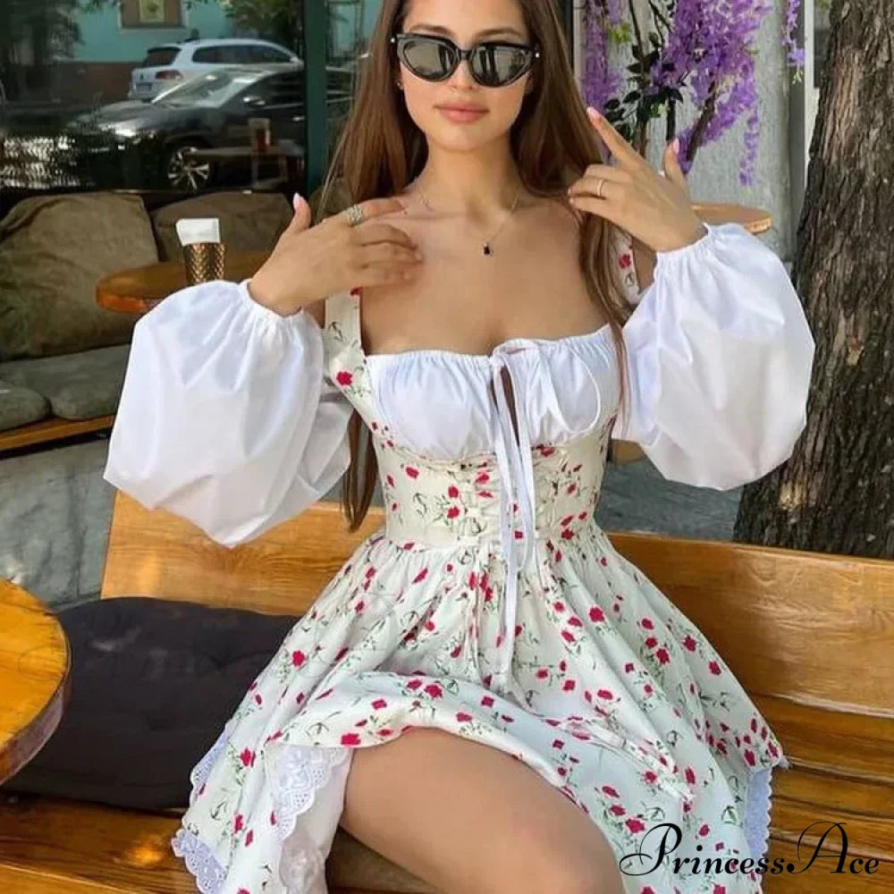 Printed Off-shoulder Lantern Charming Sleeve Flare Mini Dress