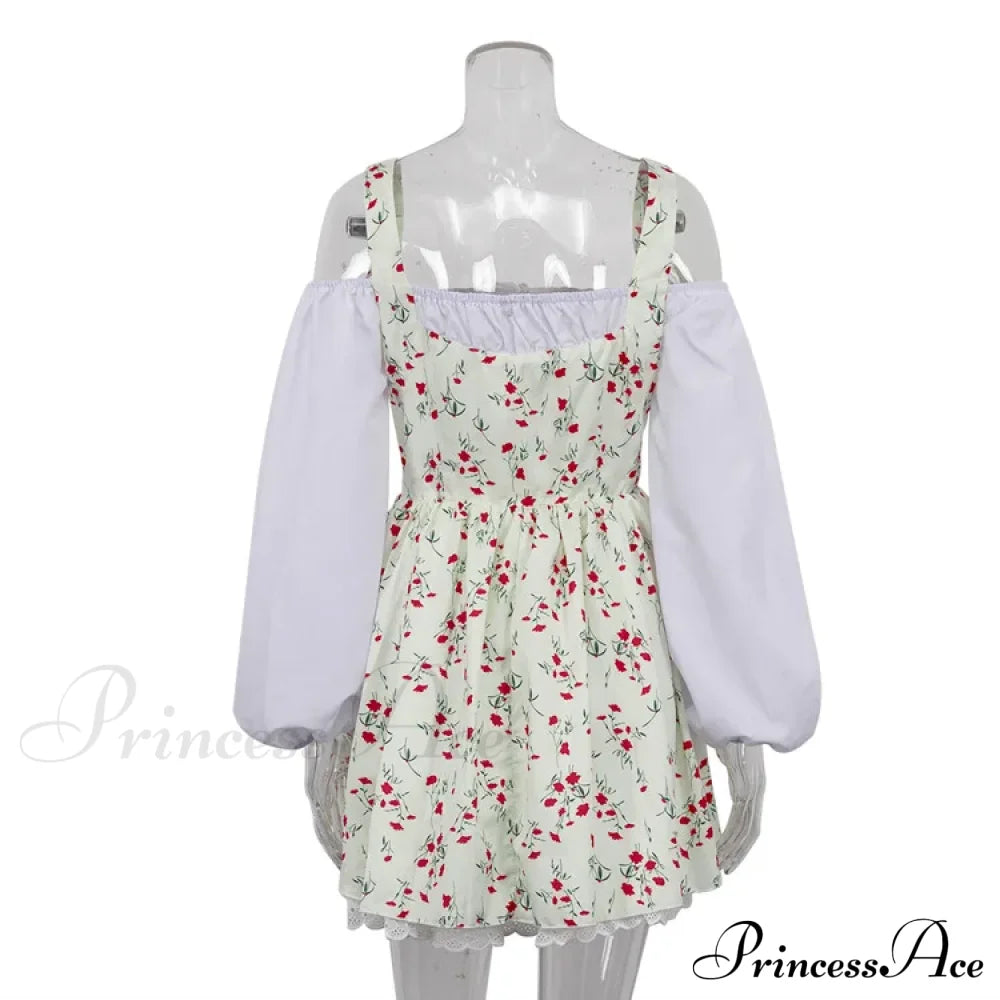 Printed Off-shoulder Lantern Charming Sleeve Flare Mini Dress