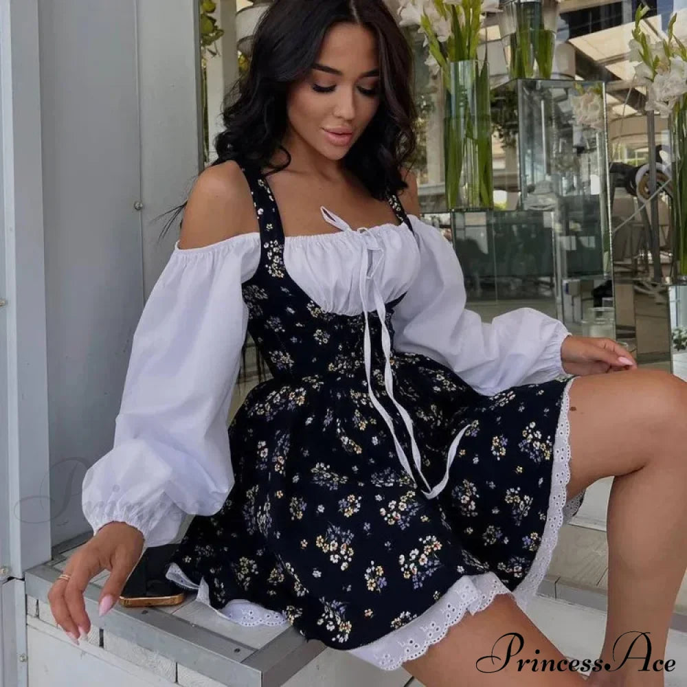 Printed Off-shoulder Lantern Charming Sleeve Flare Mini Dress