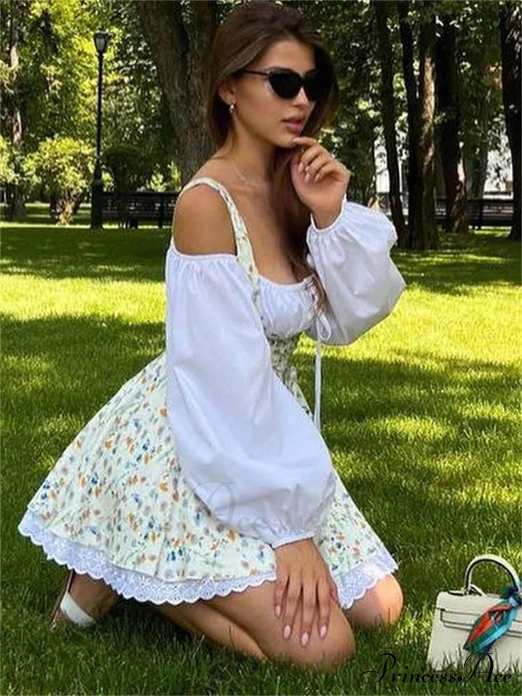 Printed Off-shoulder Lantern Charming Sleeve Flare Mini Dress