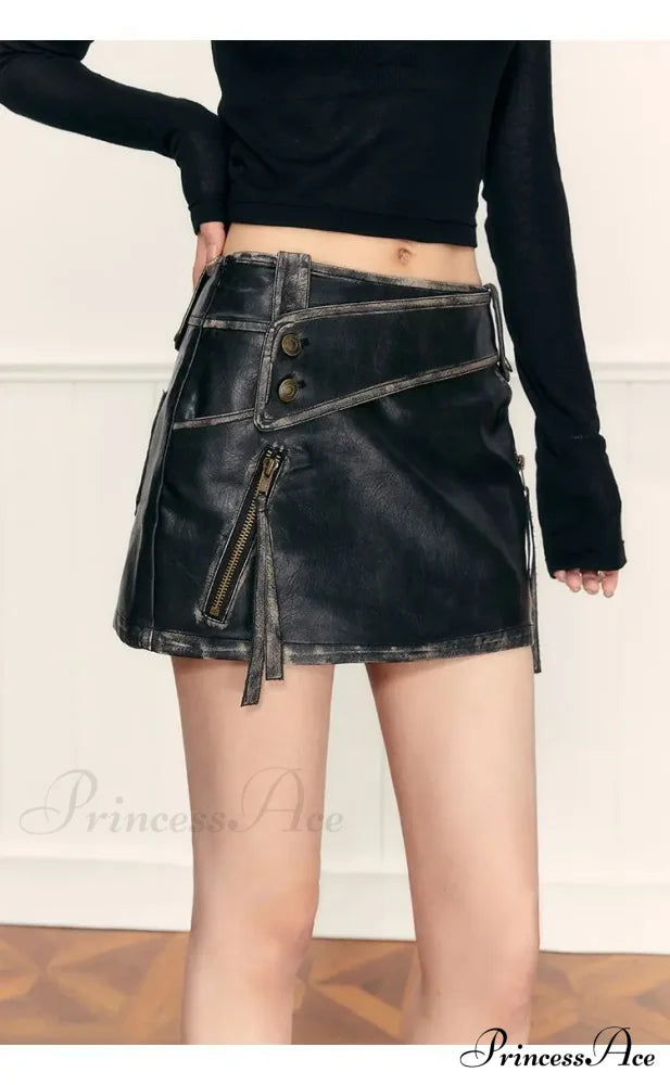 PU Leather High Waist A-Line Trendy Zipper Design Belted Mini Skirt