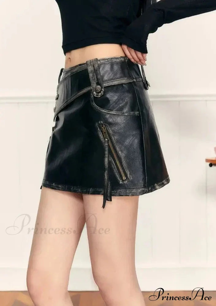 PU Leather High Waist A-Line Trendy Zipper Design Belted Mini Skirt