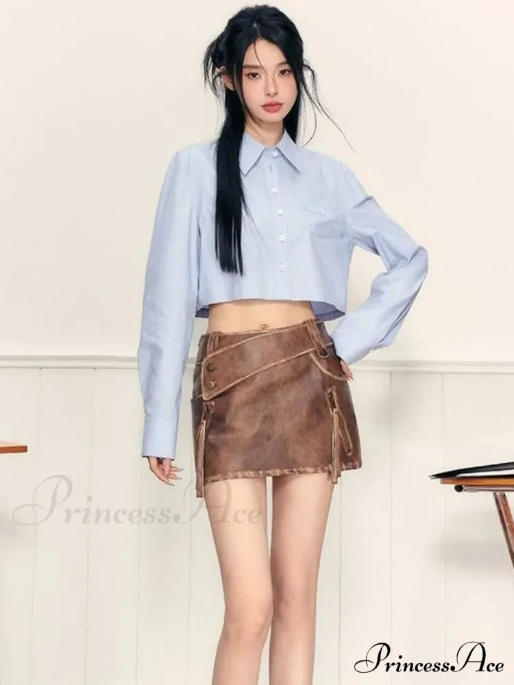 PU Leather High Waist A-Line Trendy Zipper Design Belted Mini Skirt