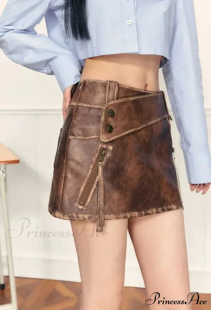PU Leather High Waist A-Line Trendy Zipper Design Belted Mini Skirt
