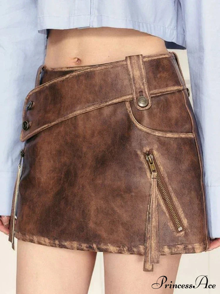 PU Leather High Waist A-Line Trendy Zipper Design Belted Mini Skirt