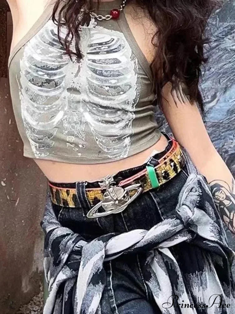 Punk Aesthetic Cyber Retro X-ray Skeleton Print Sleeveless Vest ArmyGreen Crop Designer Clothes Women Summer Emo Tank top