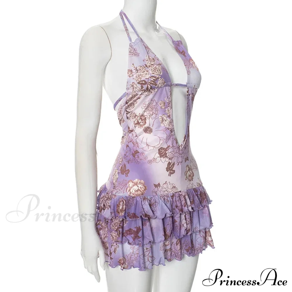Purple Printed Deep Neck Graceful Frill Mini Strap Dress