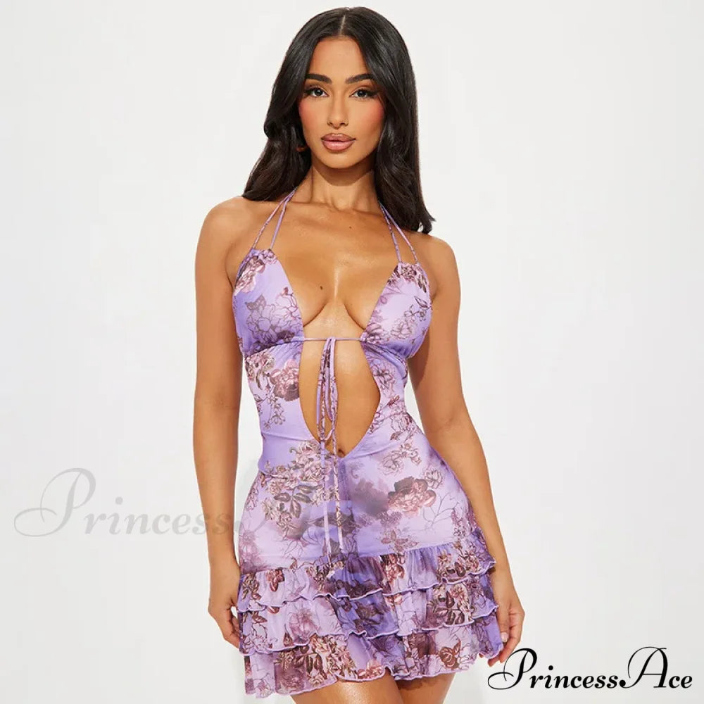 Purple Printed Deep Neck Graceful Frill Mini Strap Dress