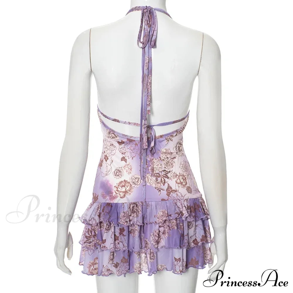 Purple Printed Deep Neck Graceful Frill Mini Strap Dress