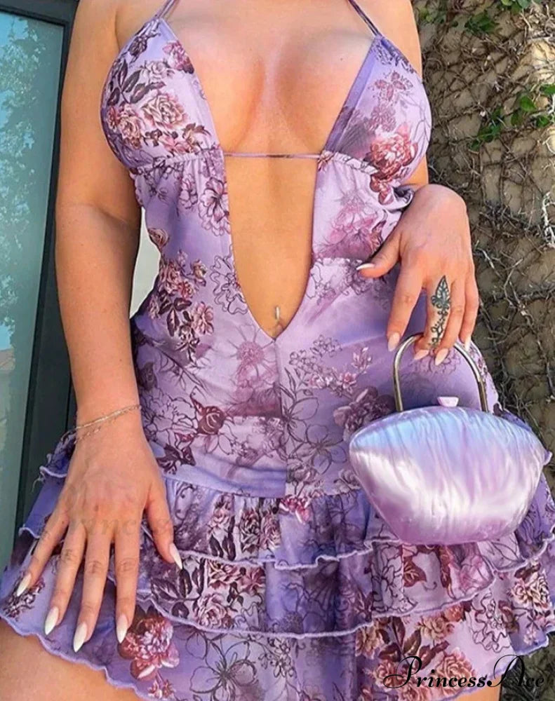 Purple Printed Deep Neck Graceful Frill Mini Strap Dress