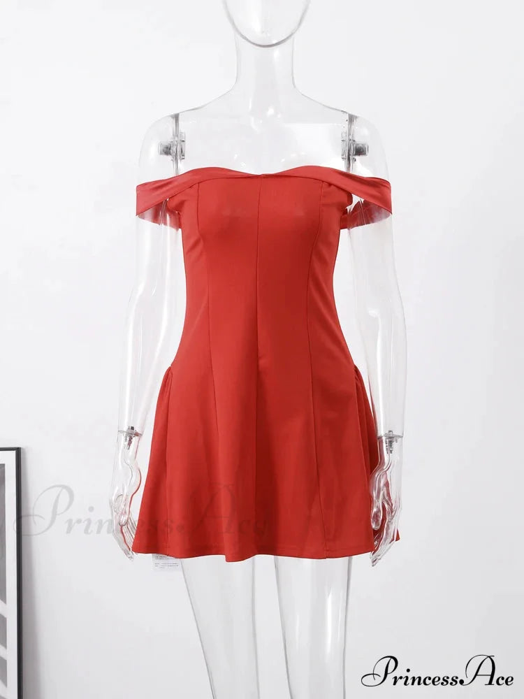 Red Party Dress - Off Shoulder Backless Pleated Zipper