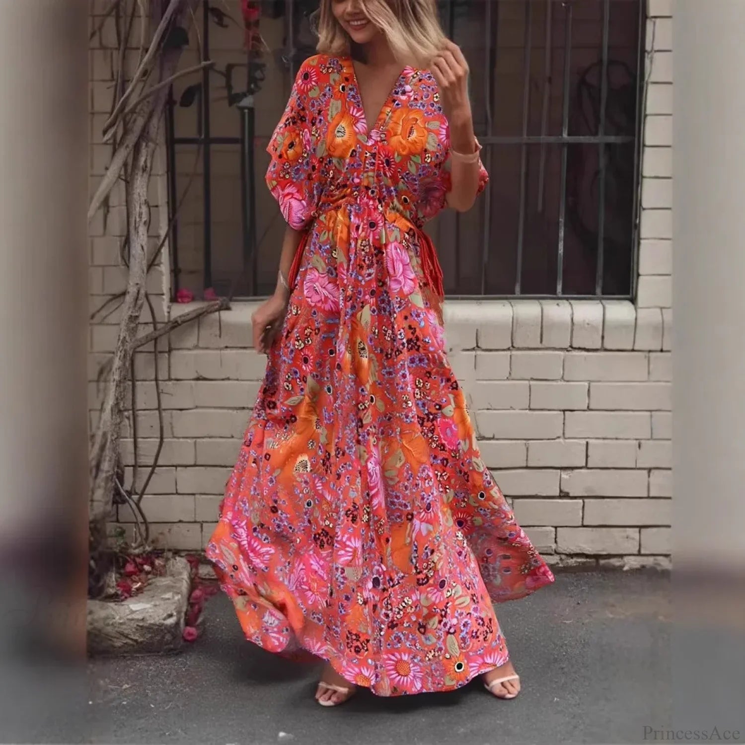 Red Floral Batwing Sleeve Rayon Cotton Maxi Boho Dress