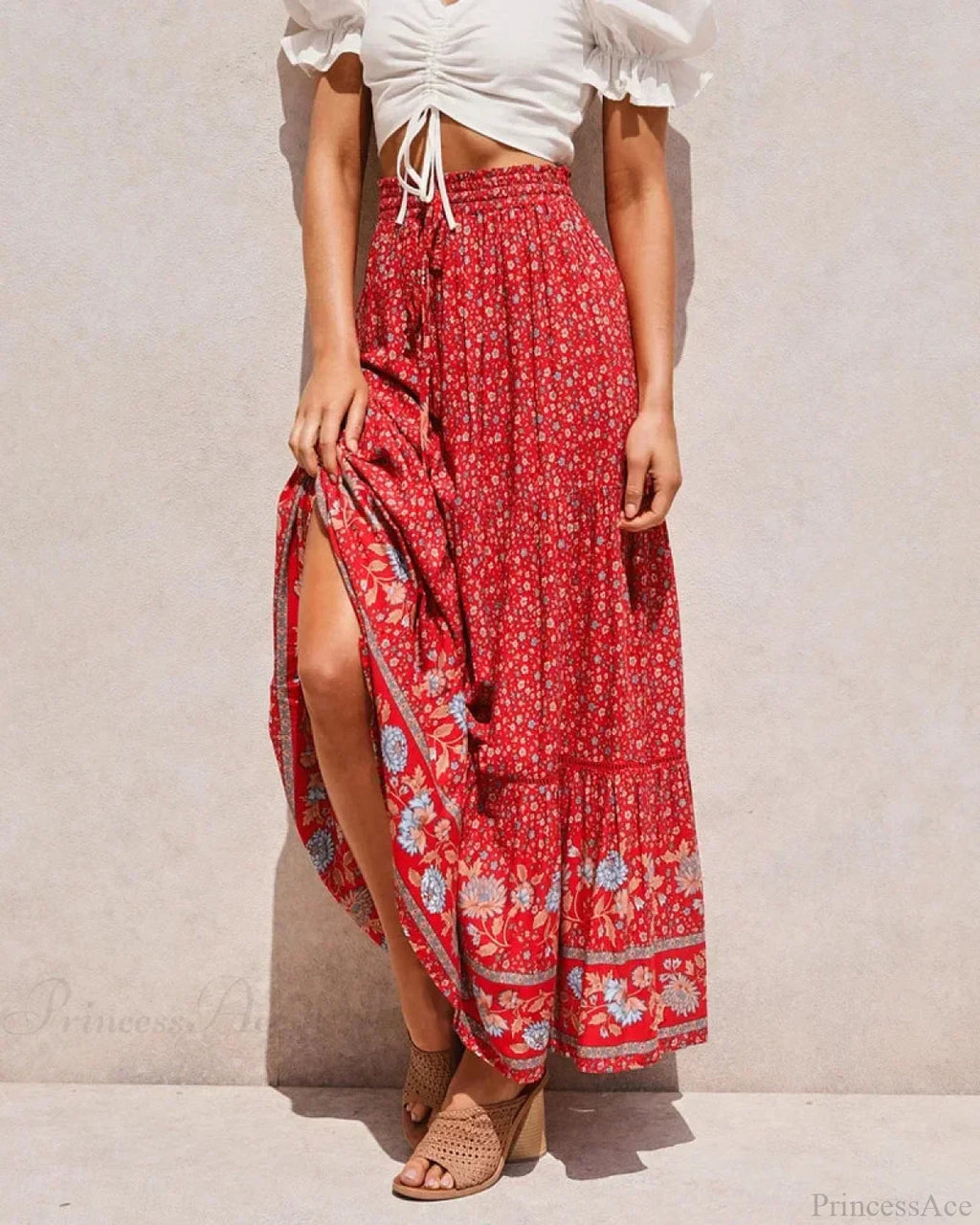 Red Floral Print Beach Bohemian High Waist Rayon Skirt
