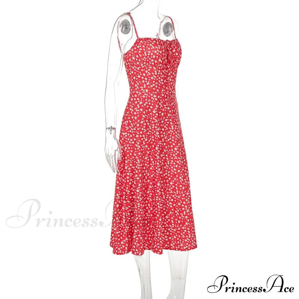 Red Floral Print Charming Strap Split Midi Dress